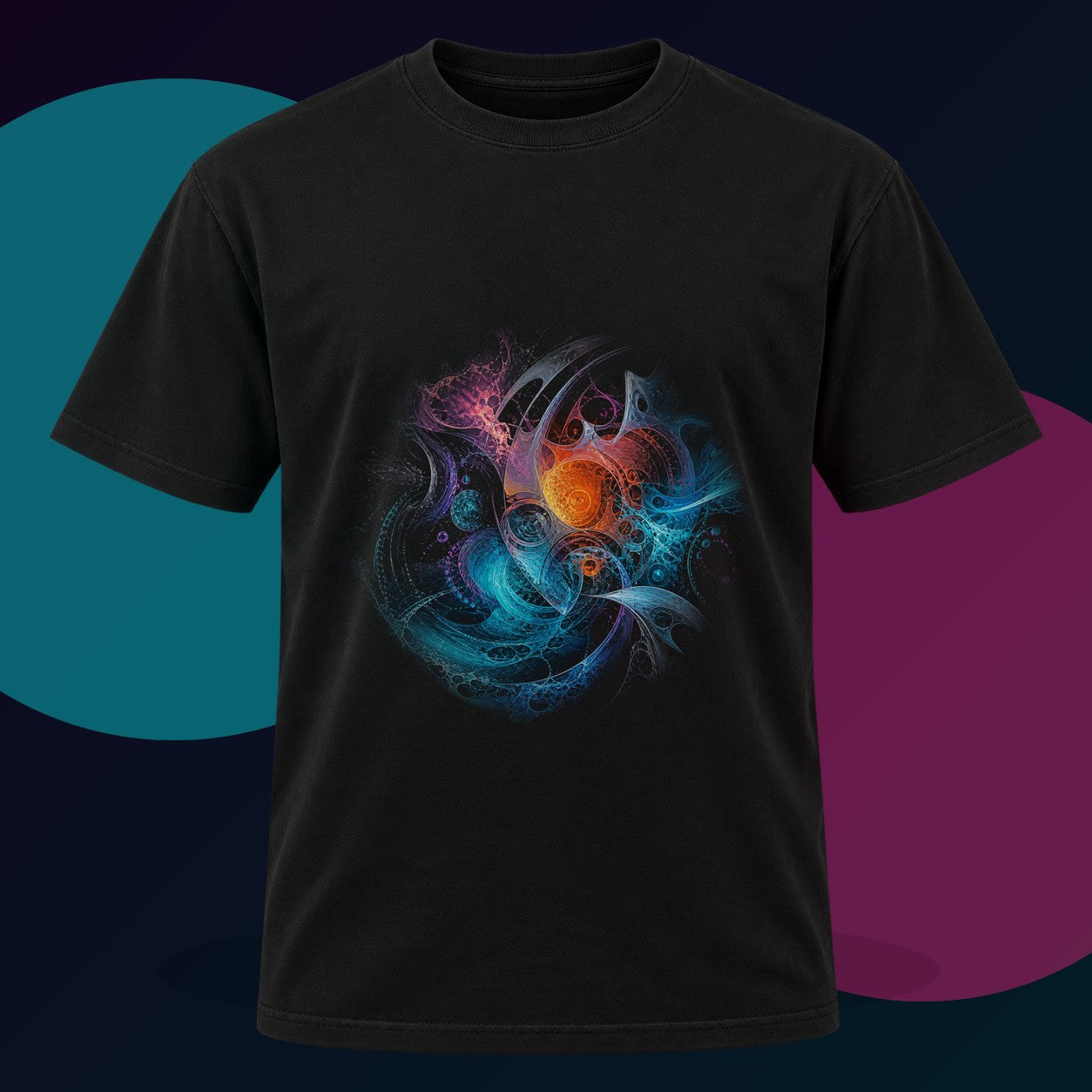 Tidal Glyph Engine original KOSVYRE design on a black graphic tee with cyan and violet studio lighting