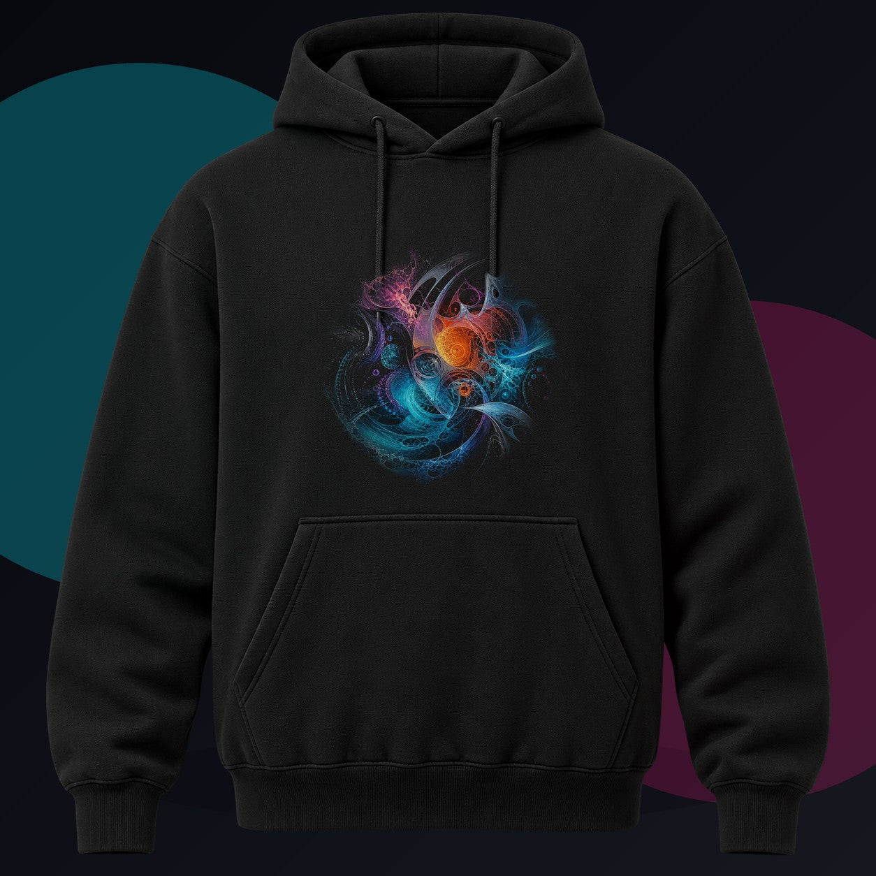 Tidal Glyph Engine original KOSVYRE design on a black hoodie against a graphite studio background