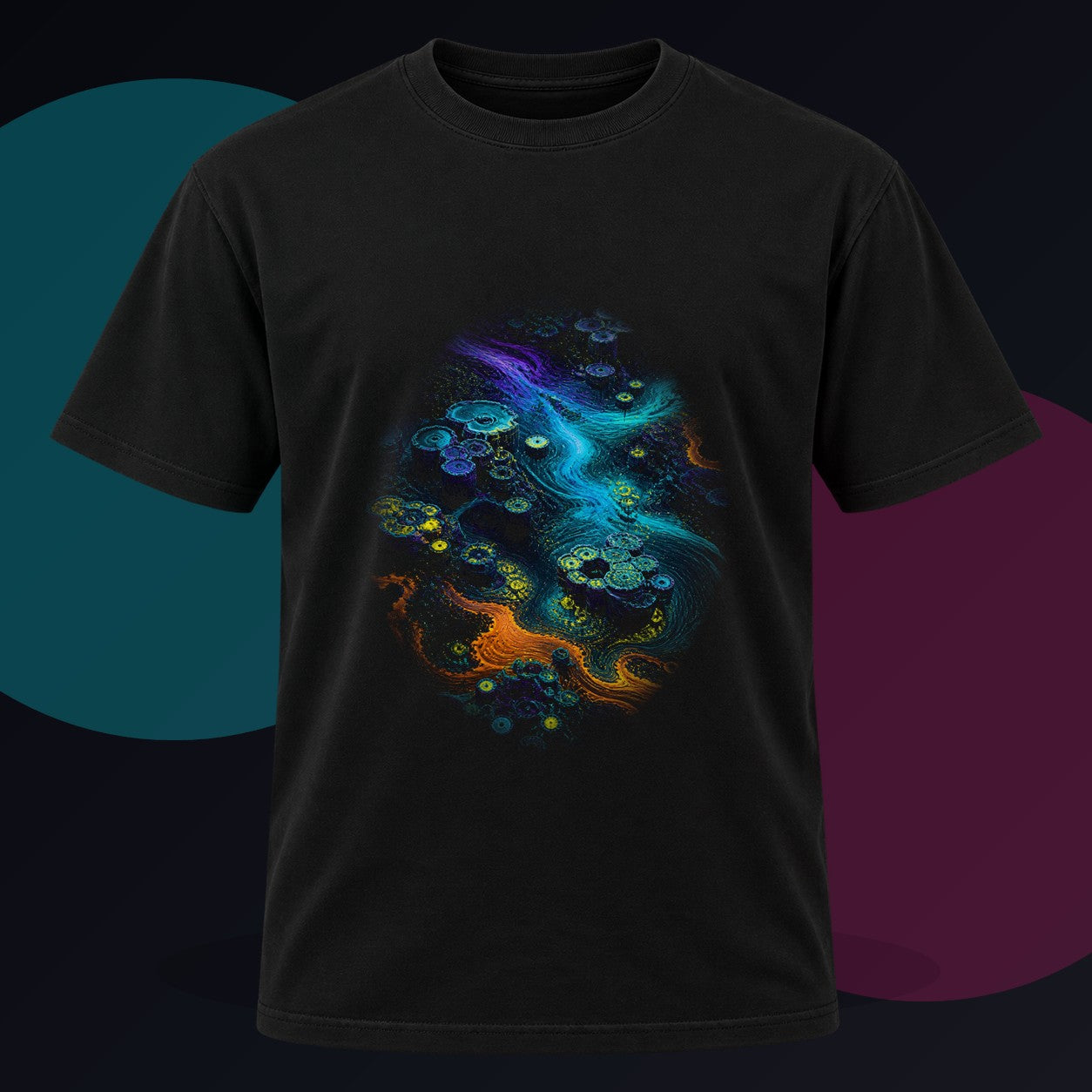 Tidal Syntax Basin original KOSVYRE design on a black graphic tee against a graphite studio background