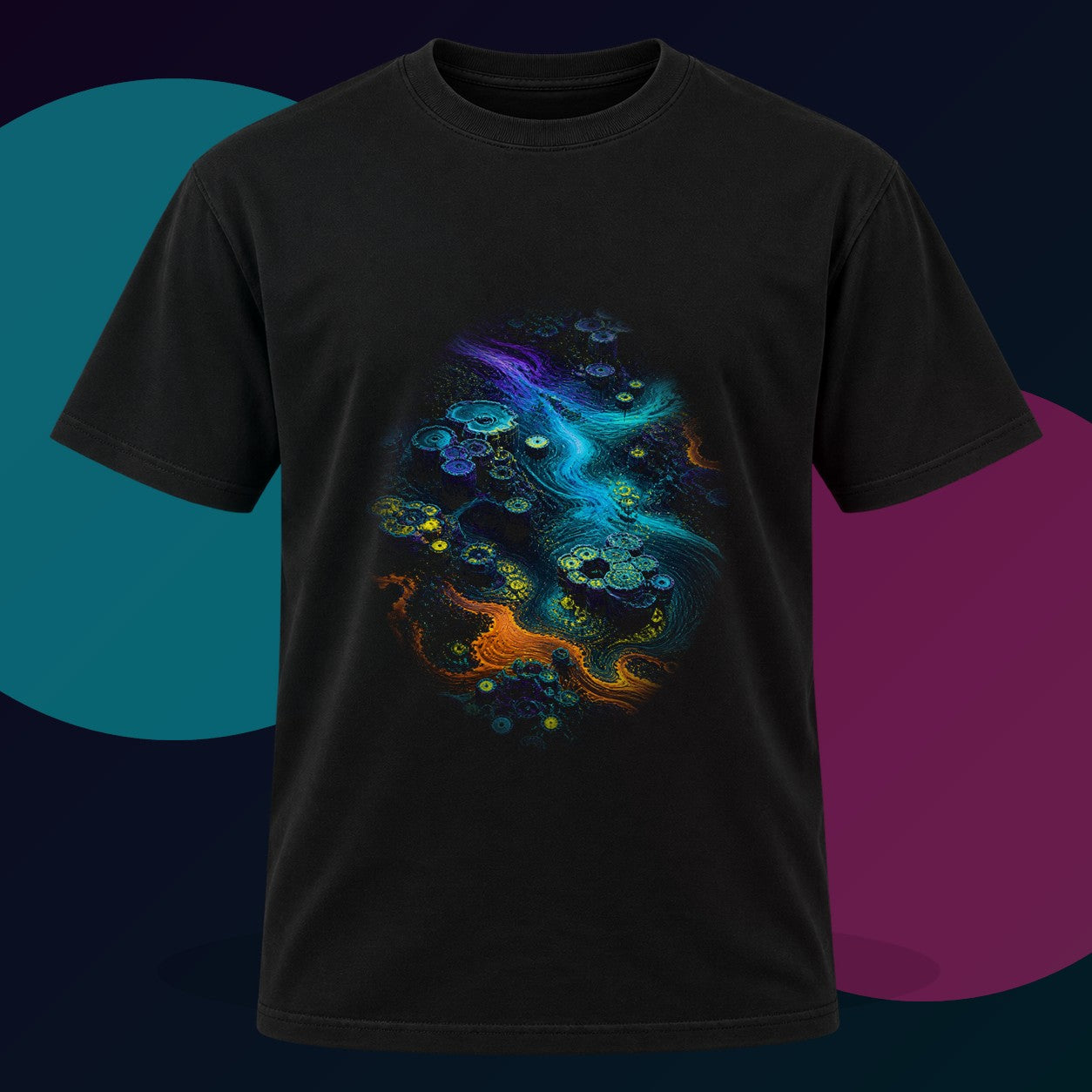 Tidal Syntax Basin original KOSVYRE design on a black graphic tee with cyan and violet studio lighting
