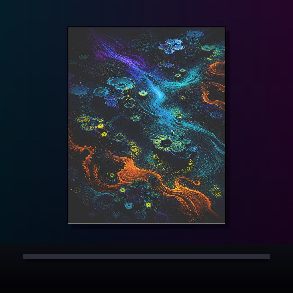 Tidal Syntax Basin original KOSVYRE poster displayed in a dark psychedelic gallery setting