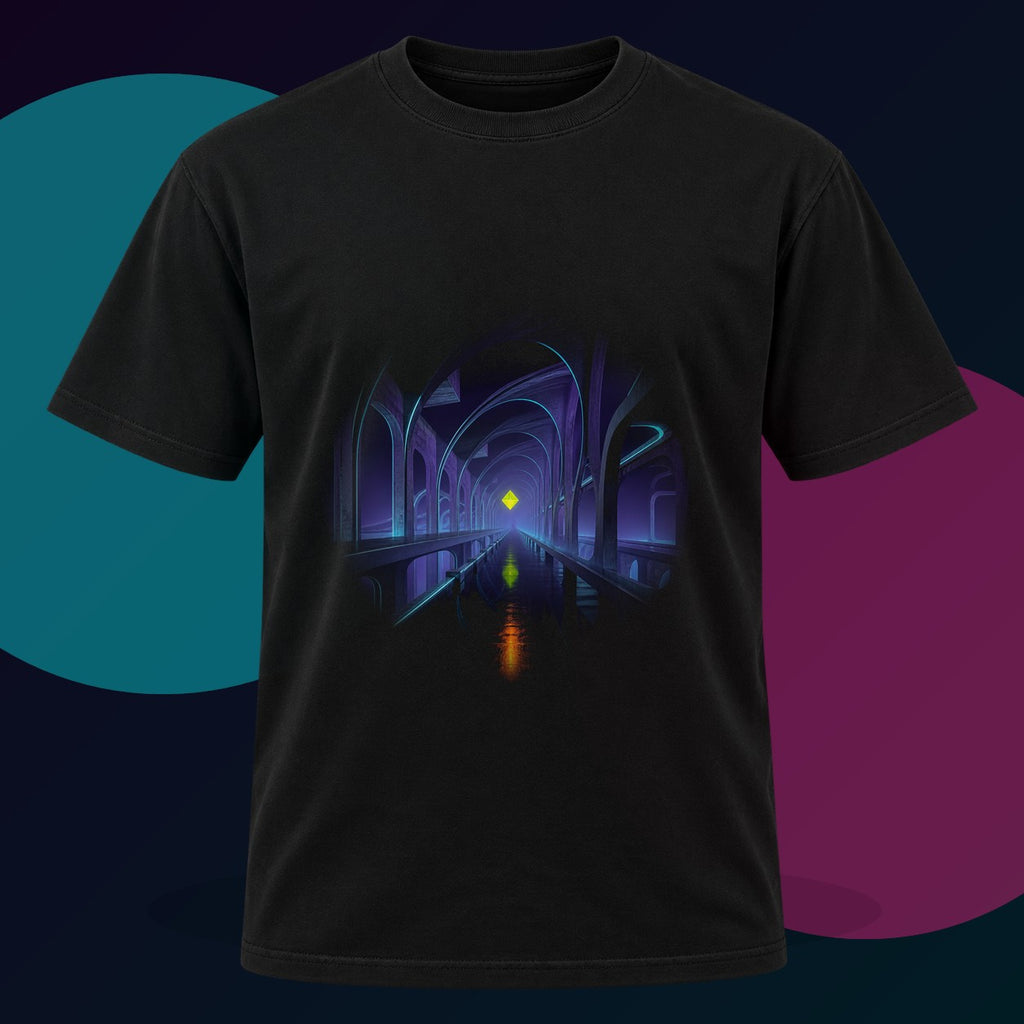 Transit of Zero original KOSVYRE design on a black graphic tee with cyan and violet studio lighting