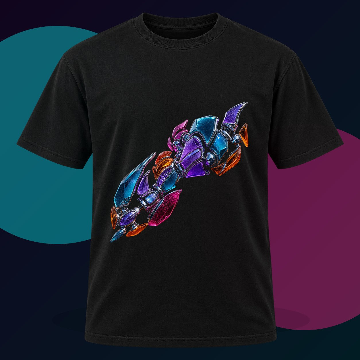 Translucent Knuckle Atlas original KOSVYRE design on a black graphic tee with cyan and violet studio lighting