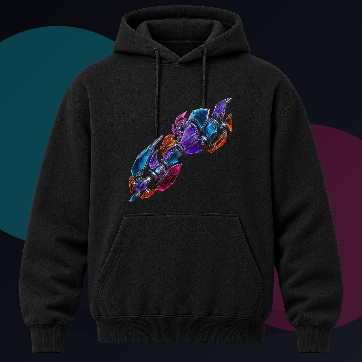 Translucent Knuckle Atlas original KOSVYRE design on a black hoodie against a graphite studio background