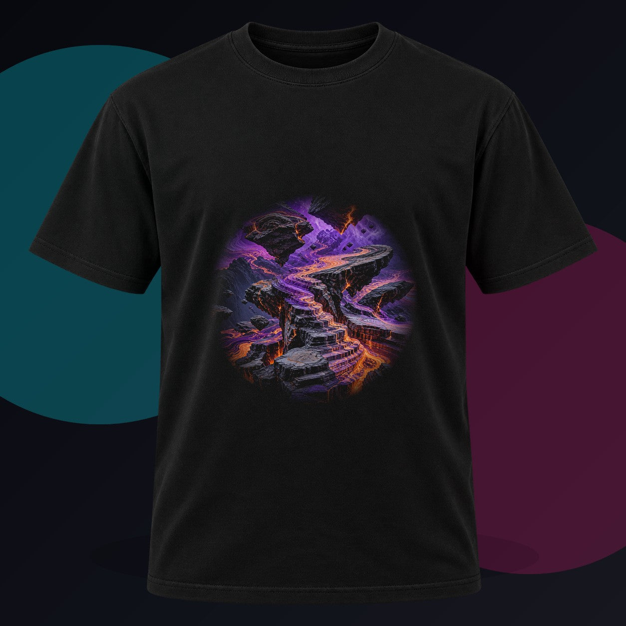 Twin Horizon Error original KOSVYRE design on a black graphic tee against a graphite studio background