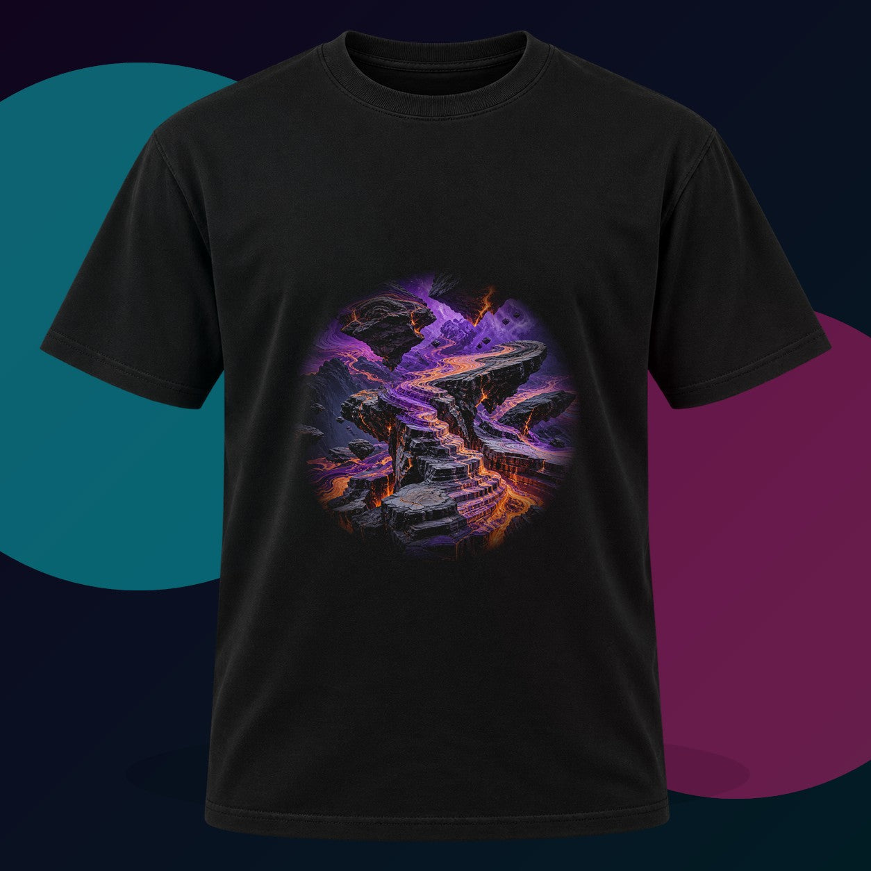 Twin Horizon Error original KOSVYRE design on a black graphic tee with cyan and violet studio lighting