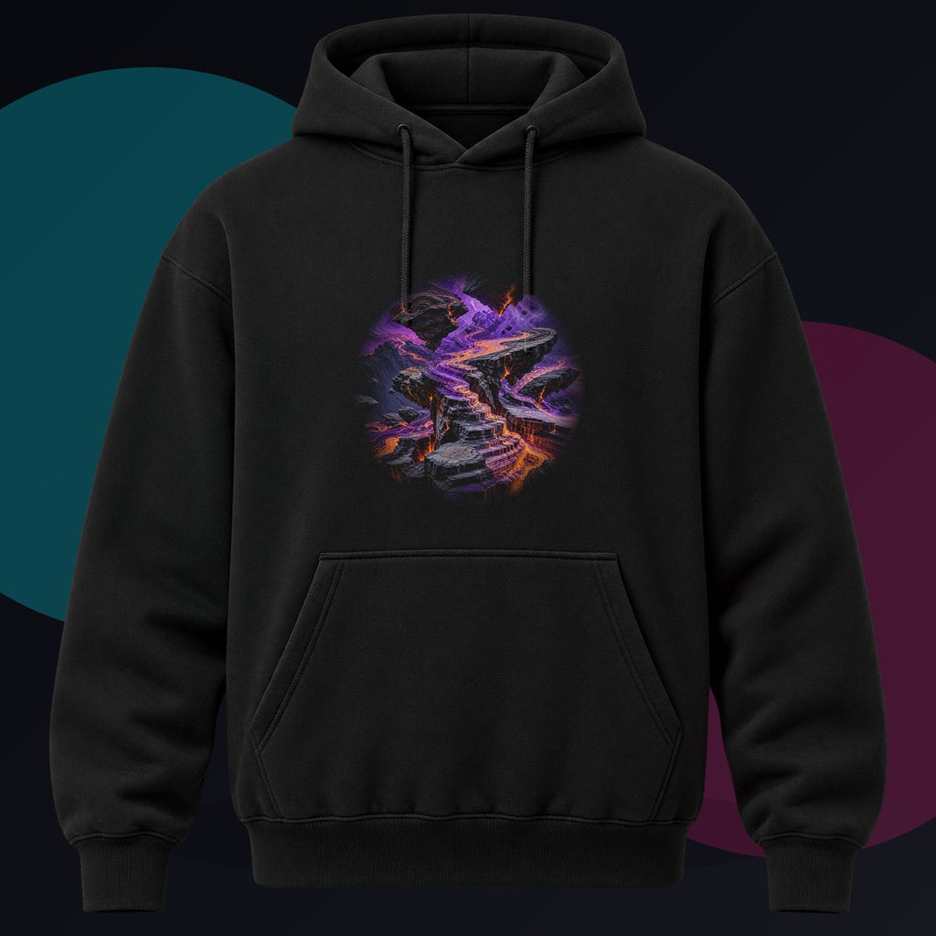 Twin Horizon Error original KOSVYRE design on a black hoodie against a graphite studio background