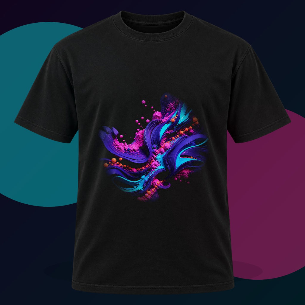Ultraviolet Clay Signal original KOSVYRE design on a black graphic tee with cyan and violet studio lighting