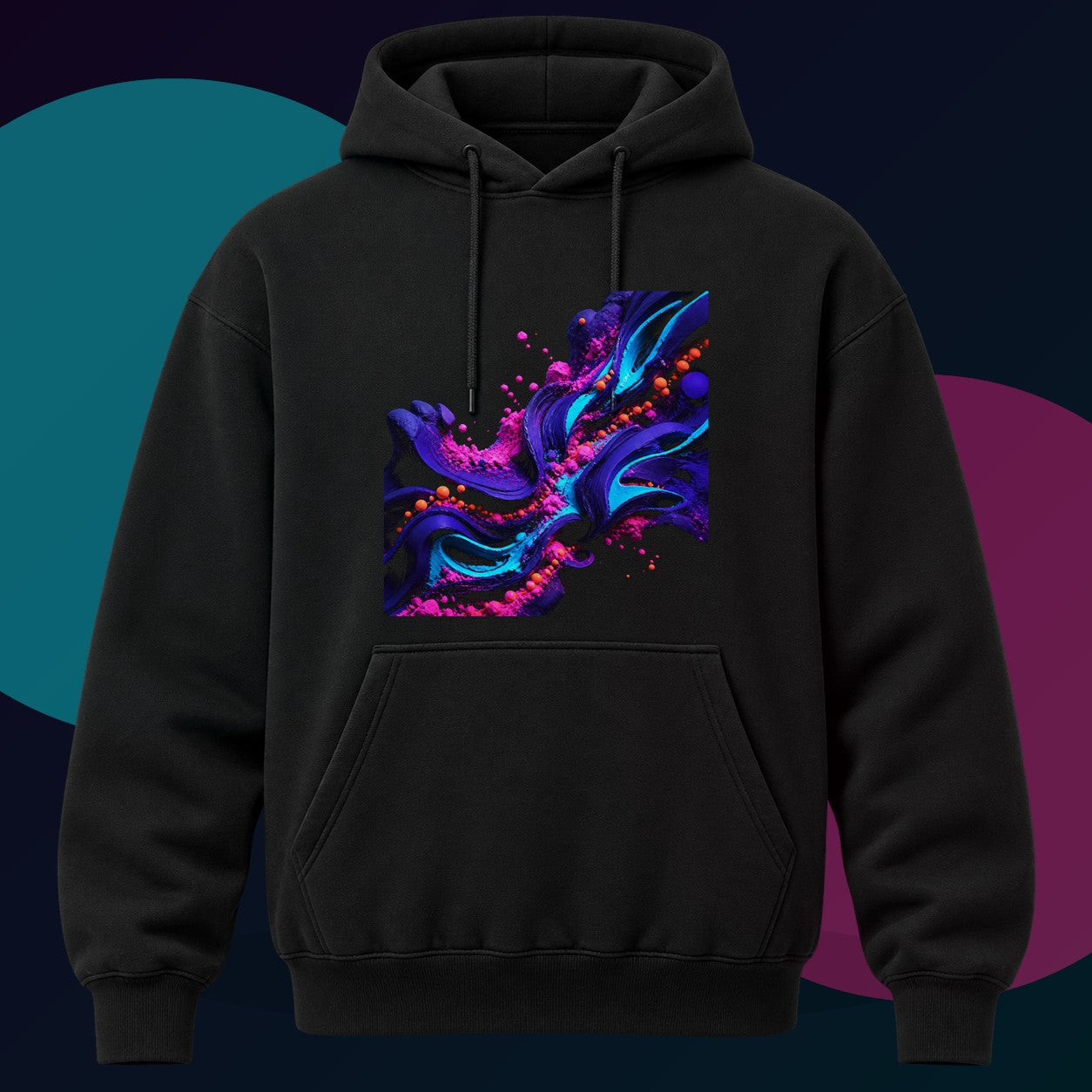 Ultraviolet Clay Signal original KOSVYRE design on a black hoodie with cyan and violet studio lighting
