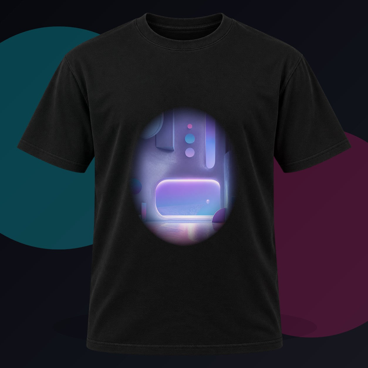 Ultraviolet Dream Terminal original KOSVYRE design on a black graphic tee against a graphite studio background