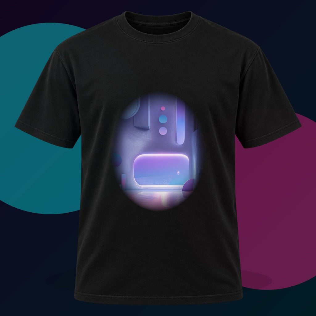 Ultraviolet Dream Terminal original KOSVYRE design on a black graphic tee with cyan and violet studio lighting