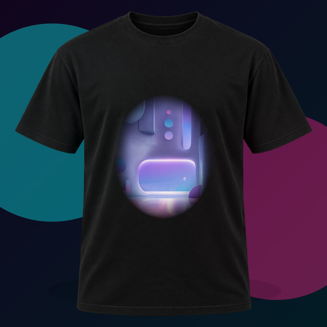 Ultraviolet Dream Terminal original KOSVYRE design on a black graphic tee with cyan and violet studio lighting