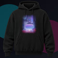Ultraviolet Dream Terminal original KOSVYRE design on a black hoodie against a graphite studio background