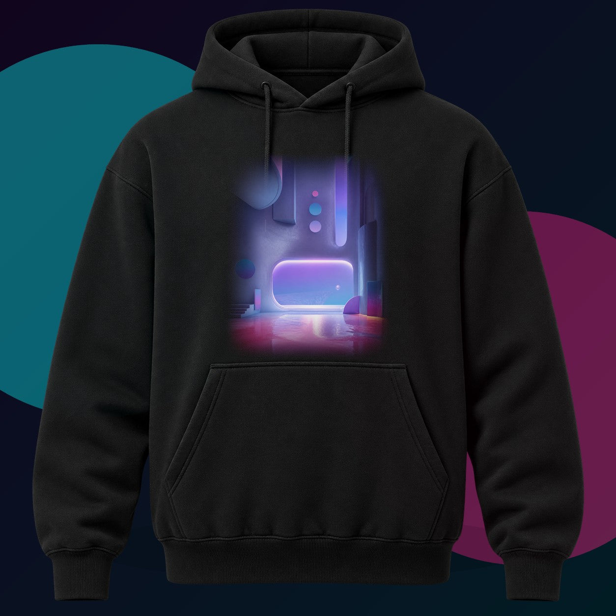 Ultraviolet Dream Terminal original KOSVYRE design on a black hoodie with cyan and violet studio lighting
