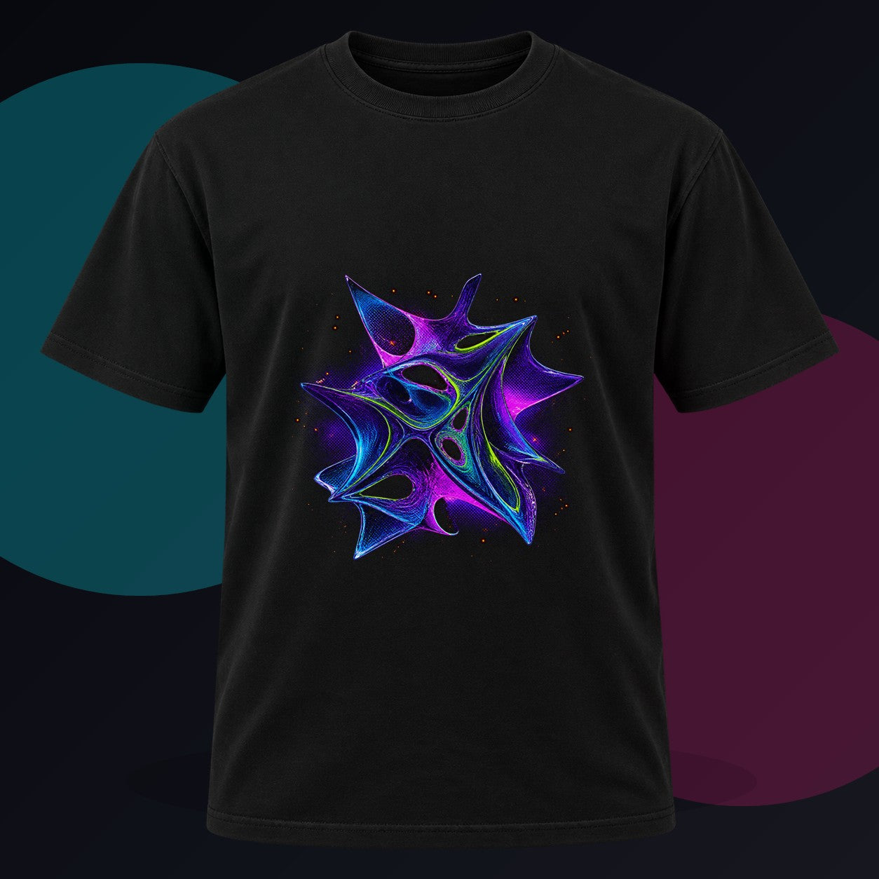 Ultraviolet Fauna original KOSVYRE design on a black graphic tee against a graphite studio background