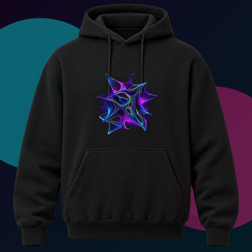 Ultraviolet Fauna original KOSVYRE design on a black hoodie with cyan and violet studio lighting