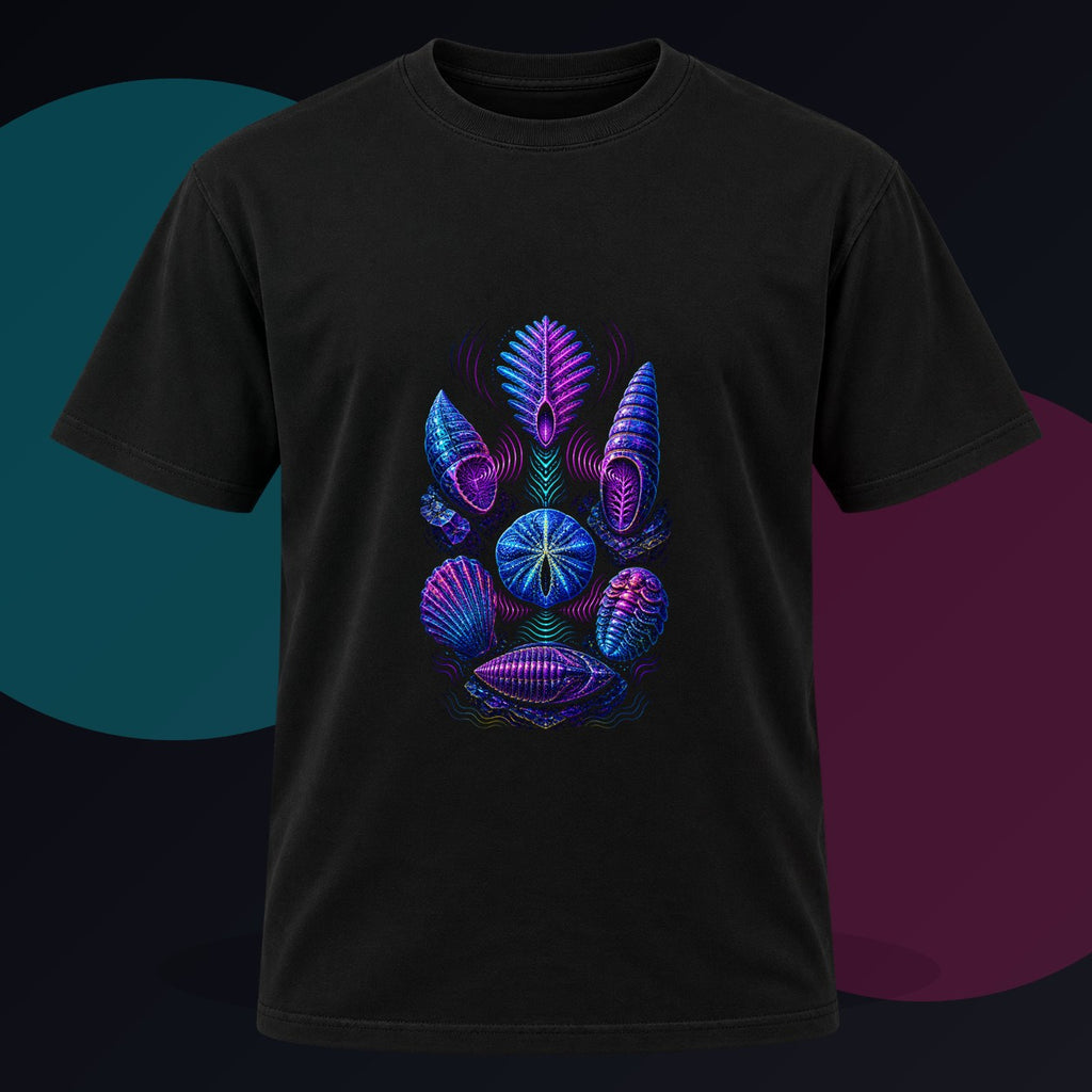 Ultraviolet Fossil Choir original KOSVYRE design on a black graphic tee against a graphite studio background