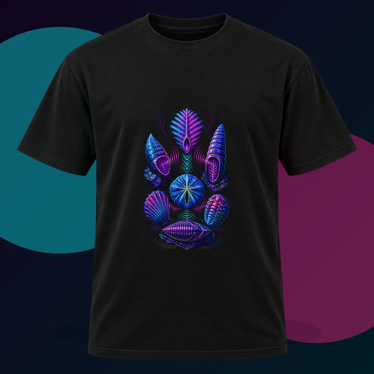 Ultraviolet Fossil Choir original KOSVYRE design on a black graphic tee with cyan and violet studio lighting