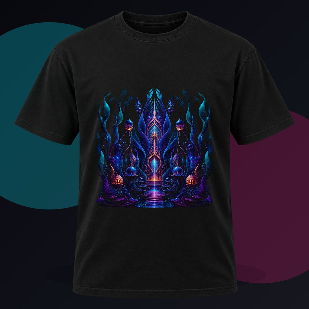 Ultraviolet Kelp Cathedral original KOSVYRE design on a black graphic tee against a graphite studio background