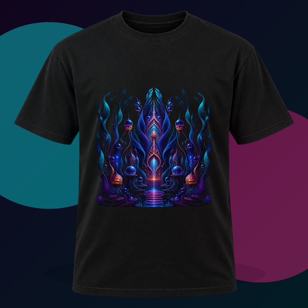 Ultraviolet Kelp Cathedral original KOSVYRE design on a black graphic tee with cyan and violet studio lighting