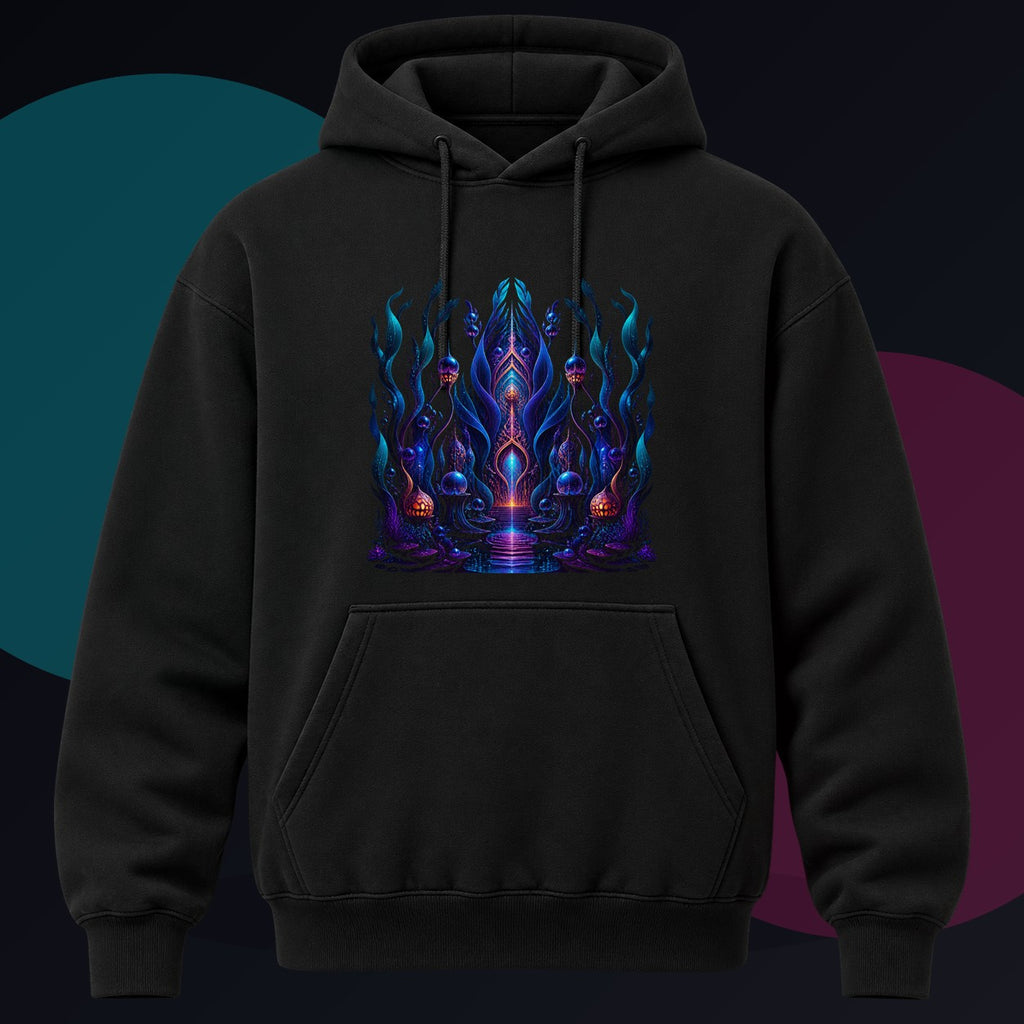 Ultraviolet Kelp Cathedral original KOSVYRE design on a black hoodie against a graphite studio background