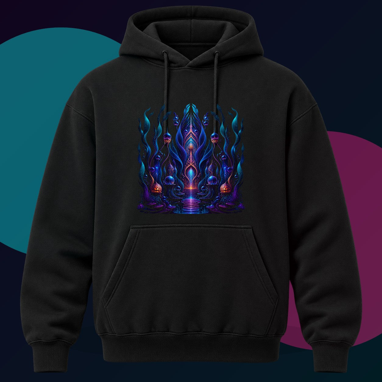 Ultraviolet Kelp Cathedral original KOSVYRE design on a black hoodie with cyan and violet studio lighting
