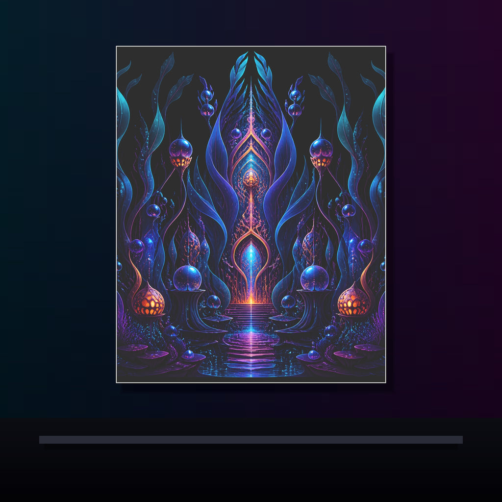 Ultraviolet Kelp Cathedral original KOSVYRE poster displayed in a dark psychedelic gallery setting