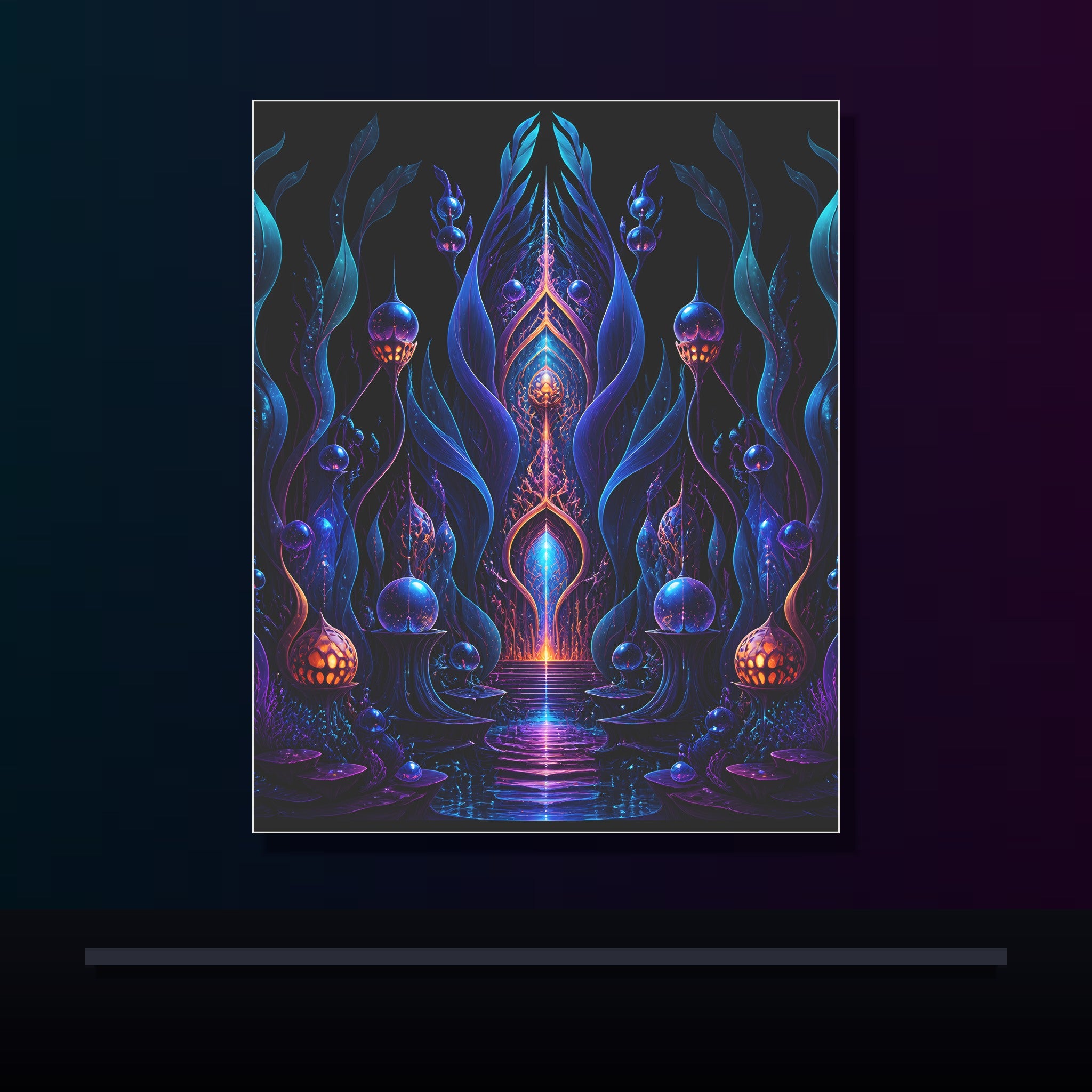 Ultraviolet Kelp Cathedral original KOSVYRE poster displayed in a dark psychedelic gallery setting