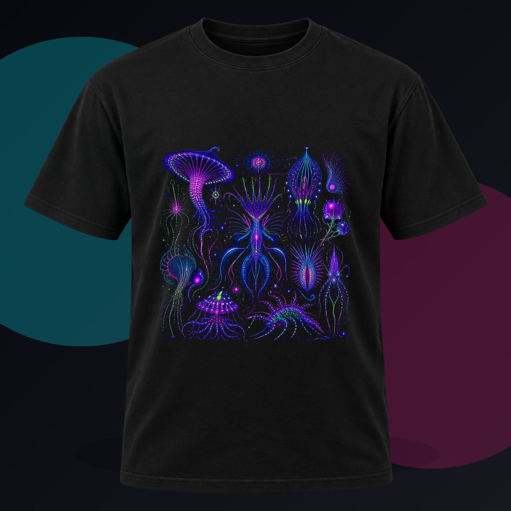 Ultraviolet Menagerie original KOSVYRE design on a black graphic tee against a graphite studio background