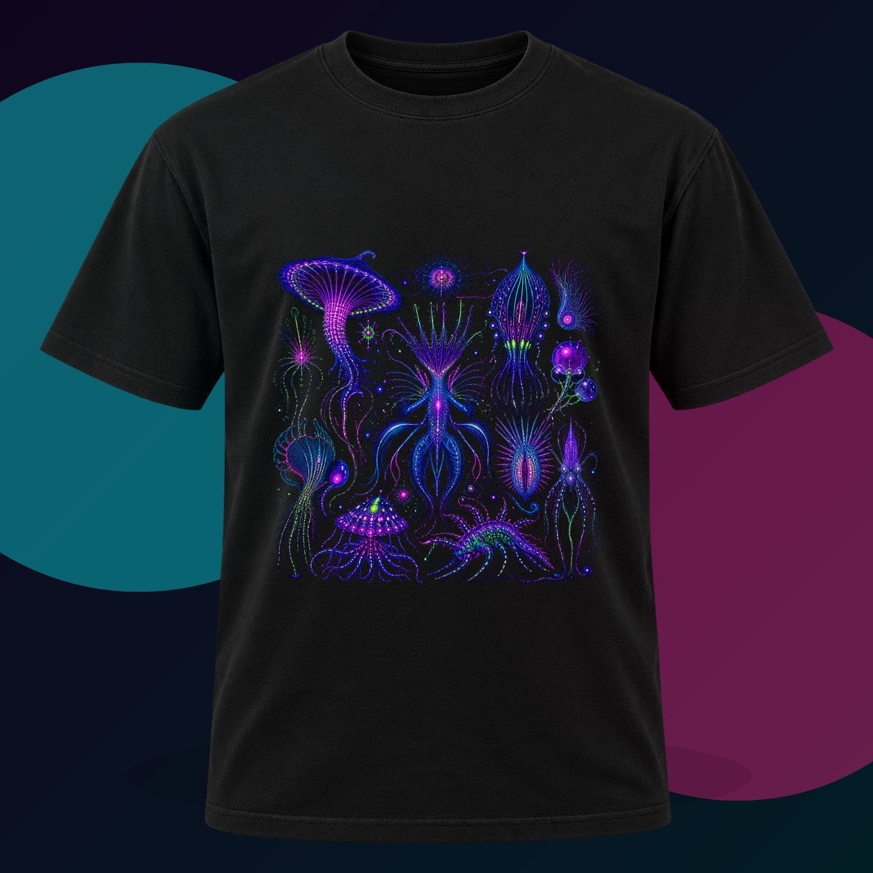 Ultraviolet Menagerie original KOSVYRE design on a black graphic tee with cyan and violet studio lighting