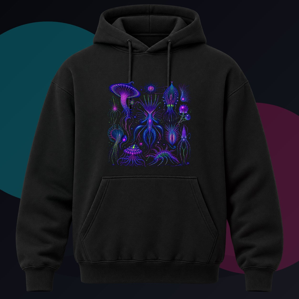 Ultraviolet Menagerie original KOSVYRE design on a black hoodie against a graphite studio background