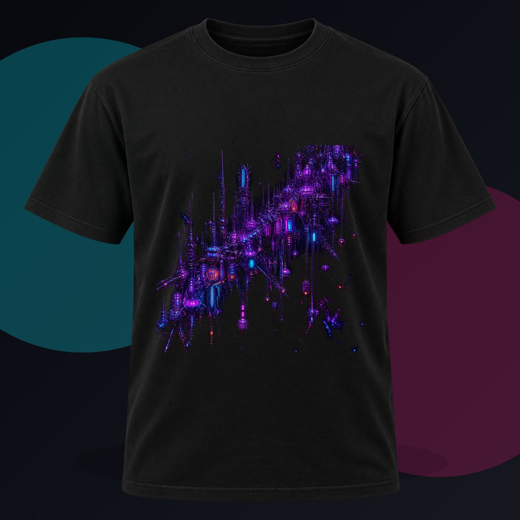Ultraviolet Rookery original KOSVYRE design on a black graphic tee against a graphite studio background