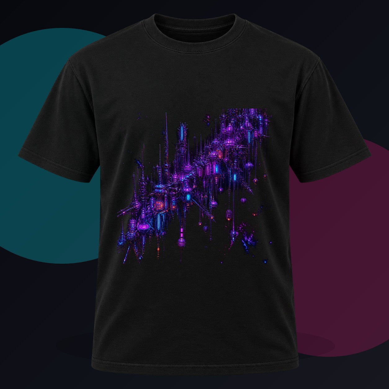 Ultraviolet Rookery original KOSVYRE design on a black graphic tee against a graphite studio background