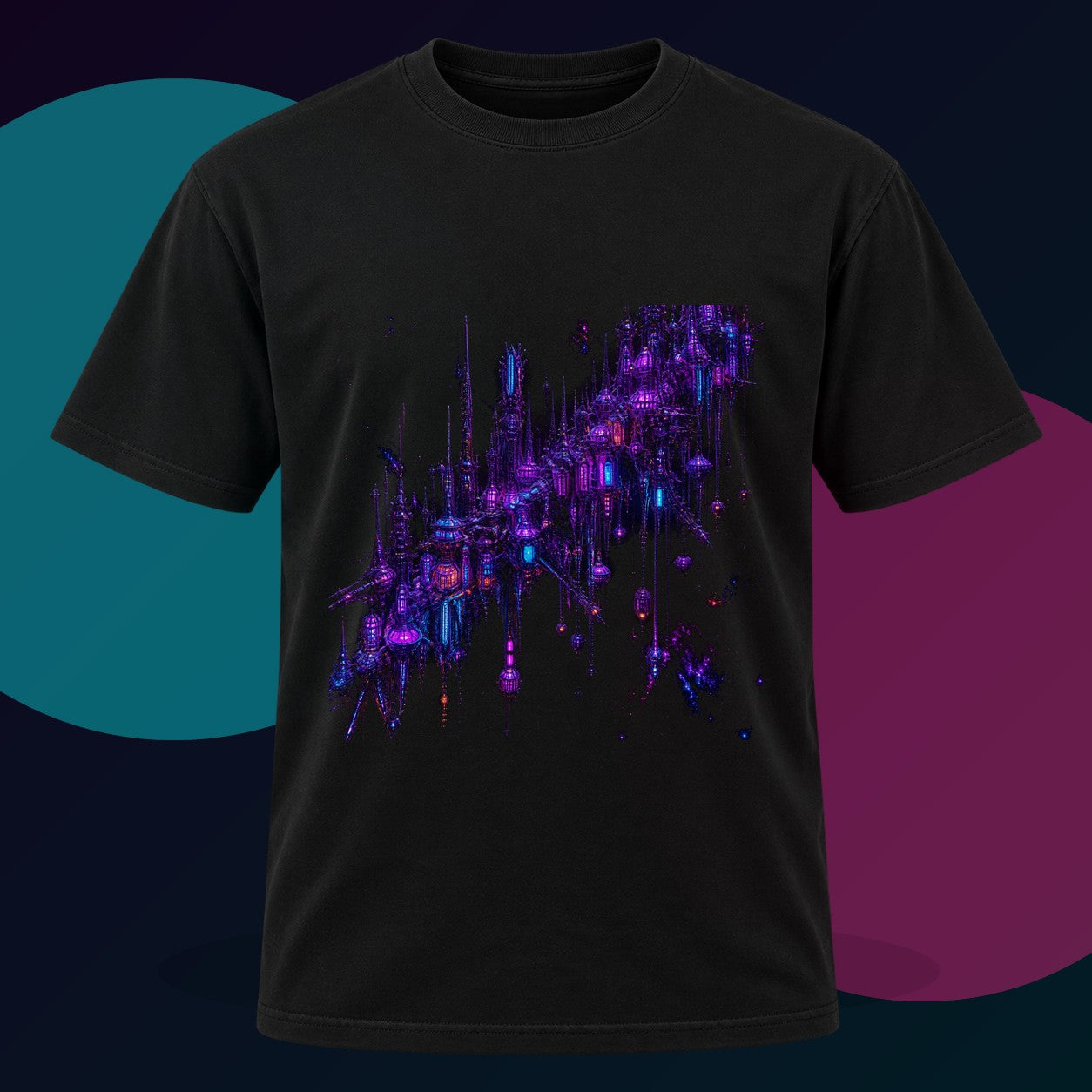 Ultraviolet Rookery original KOSVYRE design on a black graphic tee with cyan and violet studio lighting