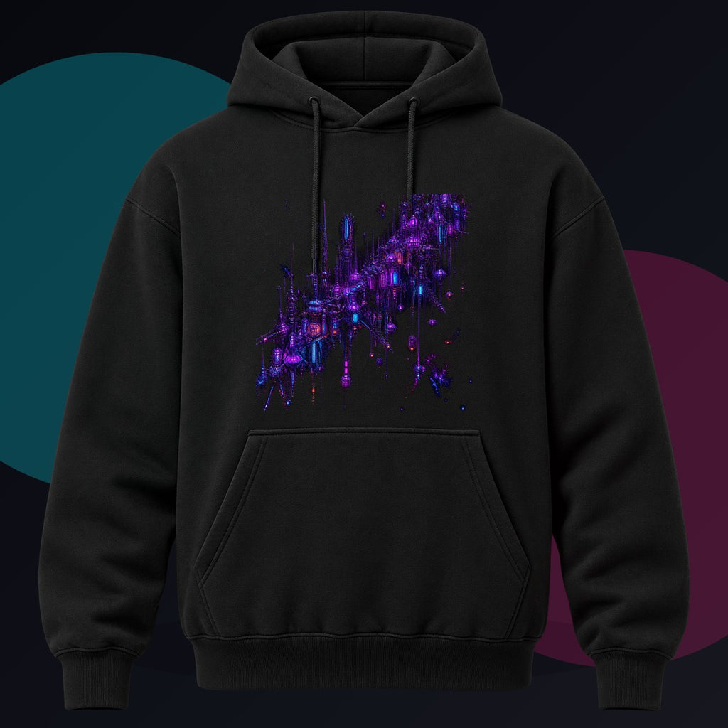 Ultraviolet Rookery original KOSVYRE design on a black hoodie against a graphite studio background
