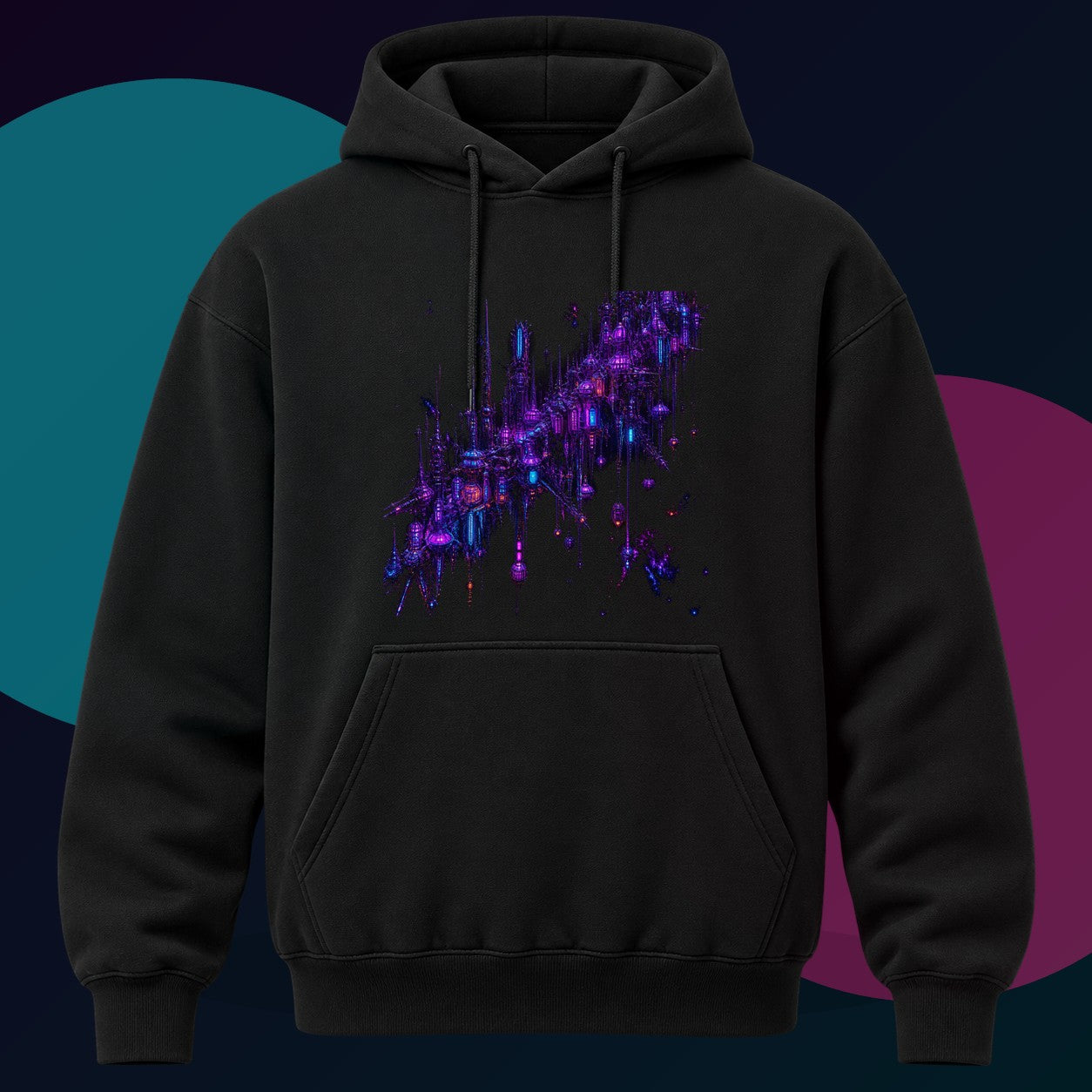 Ultraviolet Rookery original KOSVYRE design on a black hoodie with cyan and violet studio lighting