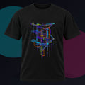 Ultraviolet Scaffold original KOSVYRE design on a black graphic tee against a graphite studio background