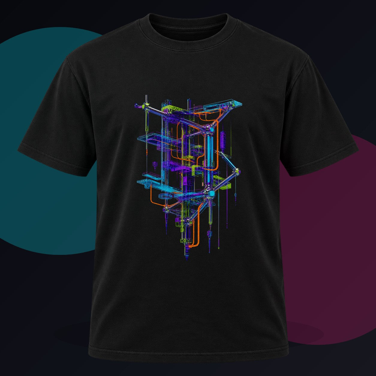 Ultraviolet Scaffold original KOSVYRE design on a black graphic tee against a graphite studio background