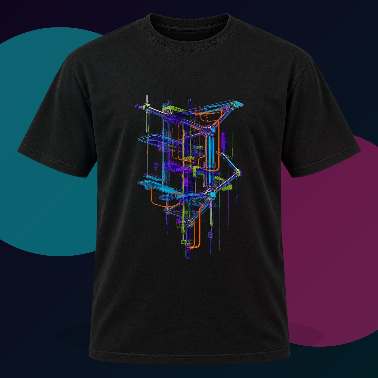 Ultraviolet Scaffold original KOSVYRE design on a black graphic tee with cyan and violet studio lighting