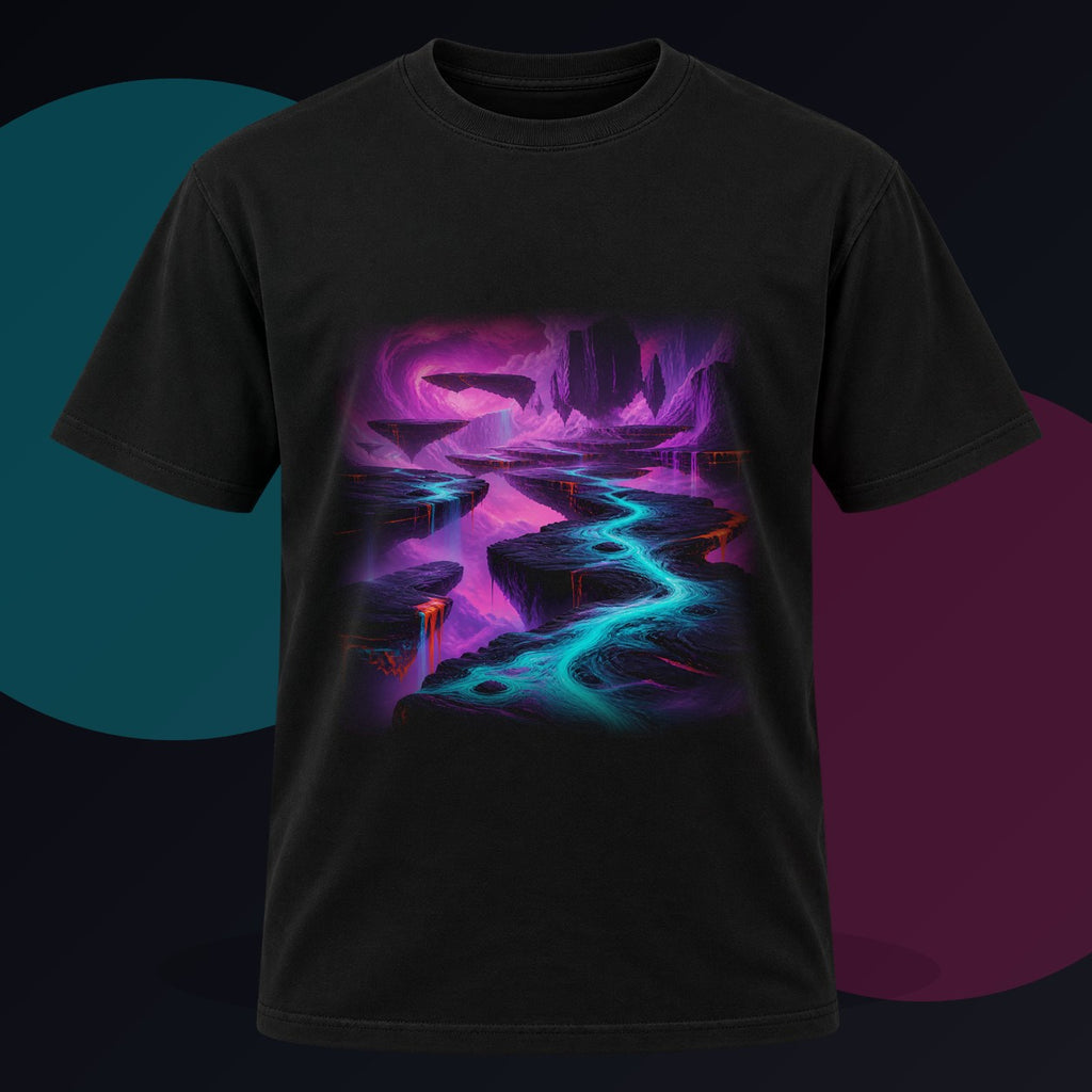 Ultraviolet Tectonic Garden original KOSVYRE design on a black graphic tee against a graphite studio background