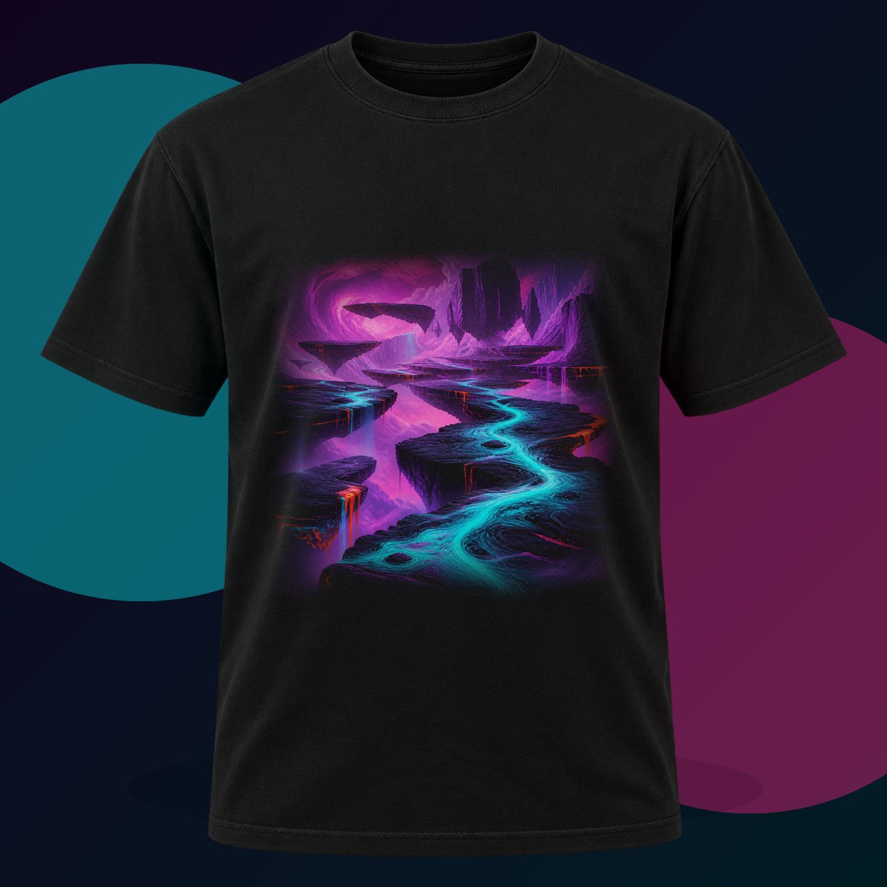 Ultraviolet Tectonic Garden original KOSVYRE design on a black graphic tee with cyan and violet studio lighting
