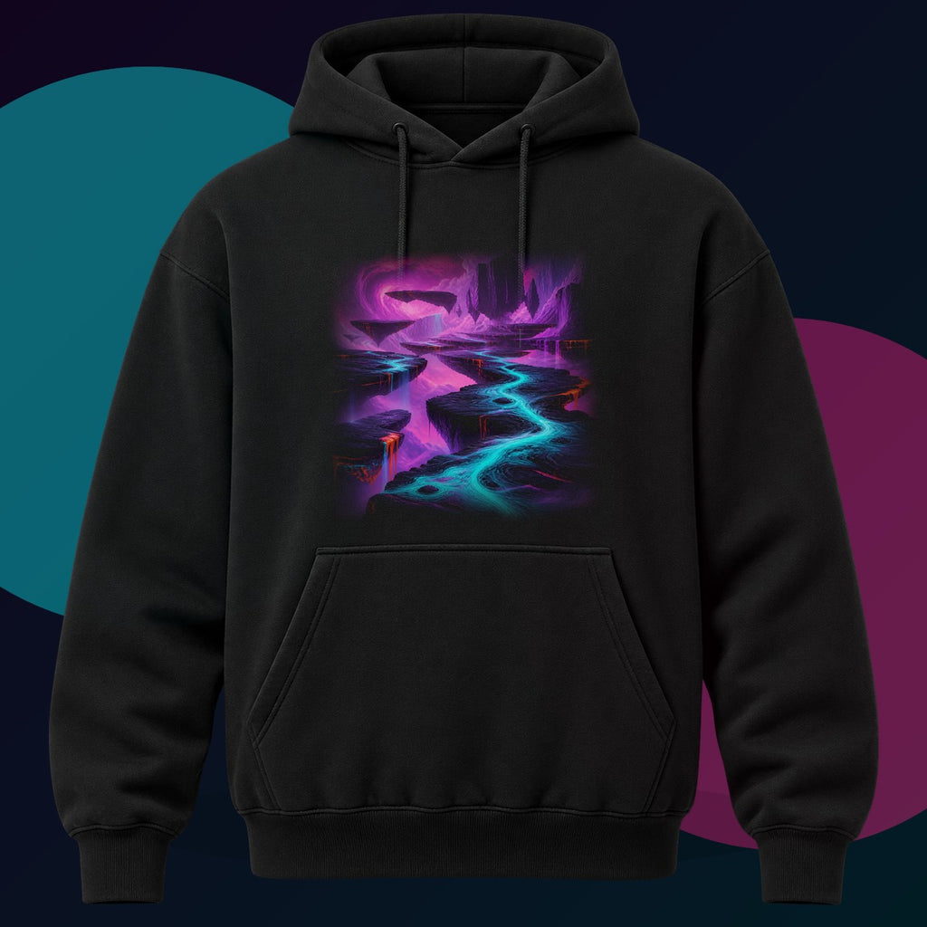 Ultraviolet Tectonic Garden original KOSVYRE design on a black hoodie with cyan and violet studio lighting