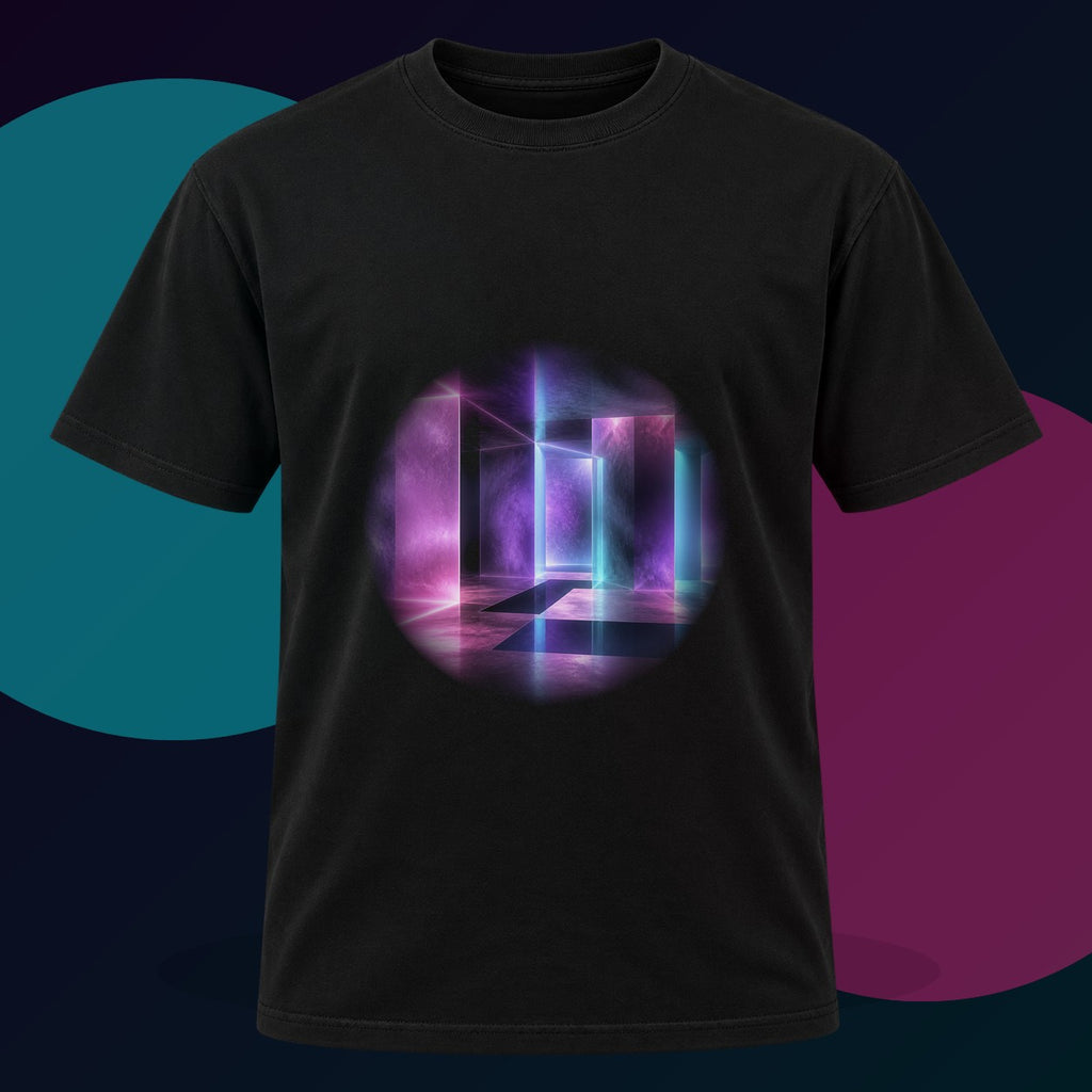 Ultraviolet Waiting Room original KOSVYRE design on a black graphic tee with cyan and violet studio lighting