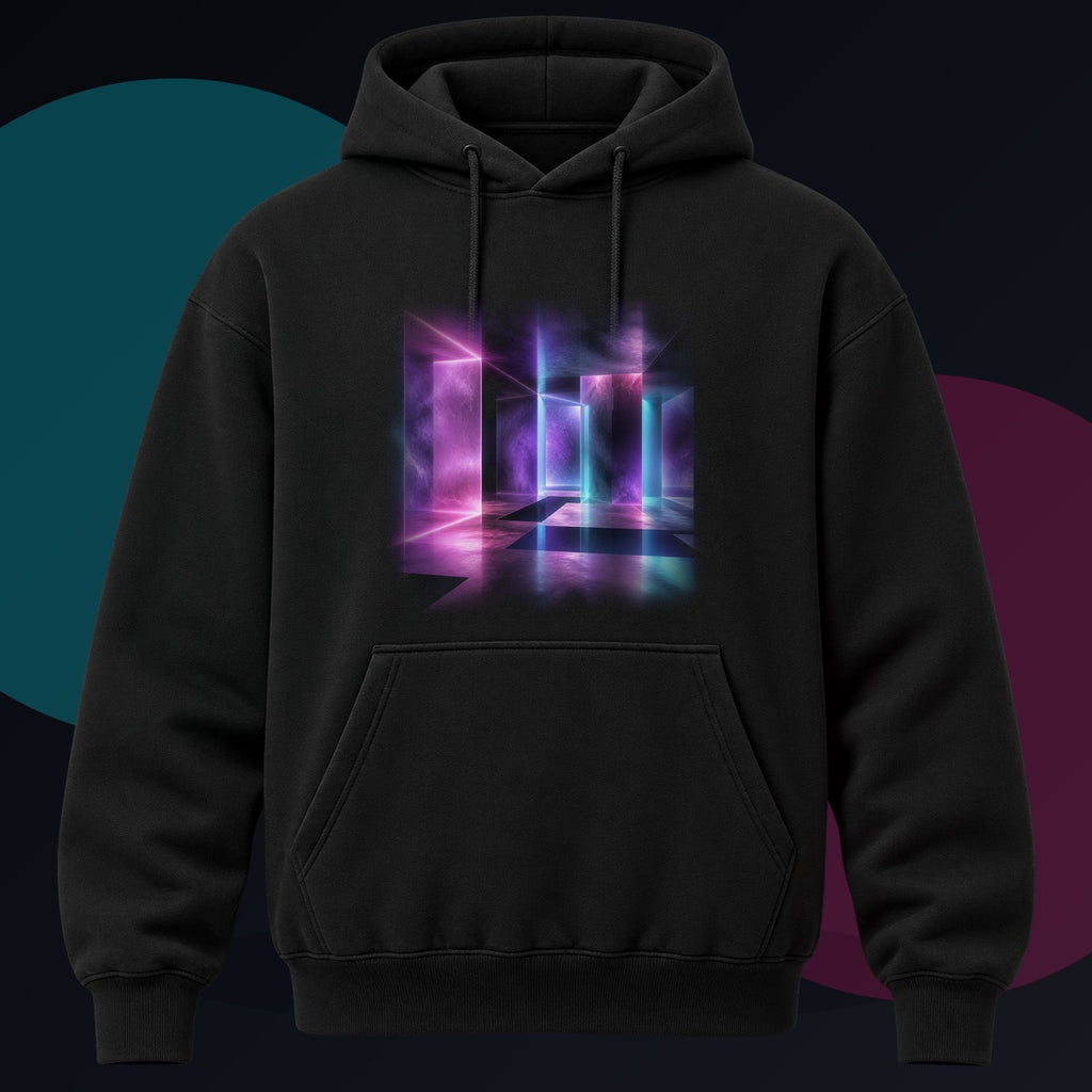 Ultraviolet Waiting Room original KOSVYRE design on a black hoodie against a graphite studio background
