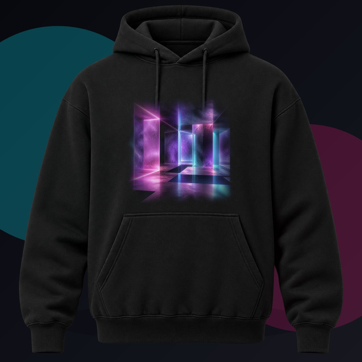 Ultraviolet Waiting Room original KOSVYRE design on a black hoodie against a graphite studio background