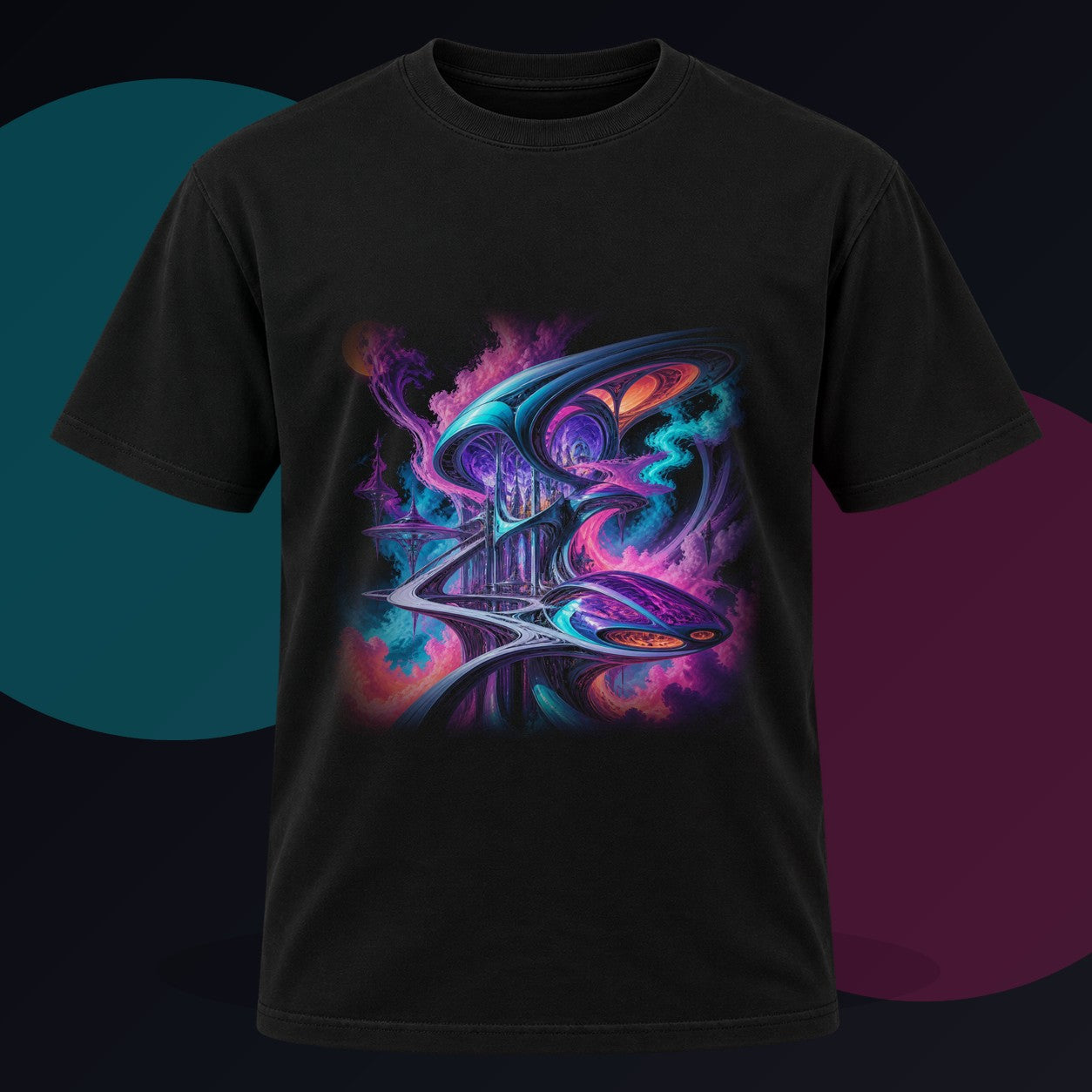 Vapor Arc Annex original KOSVYRE design on a black graphic tee against a graphite studio background