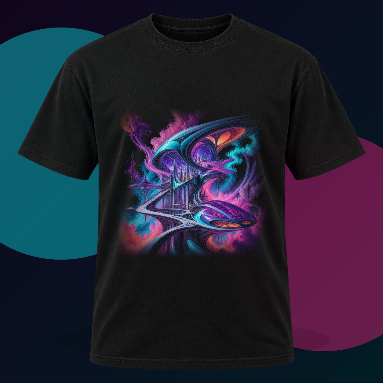 Vapor Arc Annex original KOSVYRE design on a black graphic tee with cyan and violet studio lighting