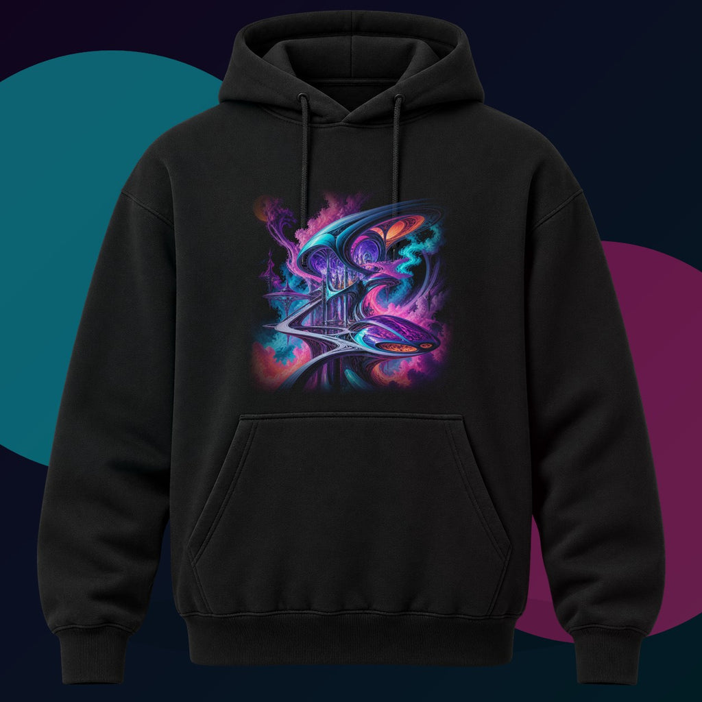 Vapor Arc Annex original KOSVYRE design on a black hoodie with cyan and violet studio lighting