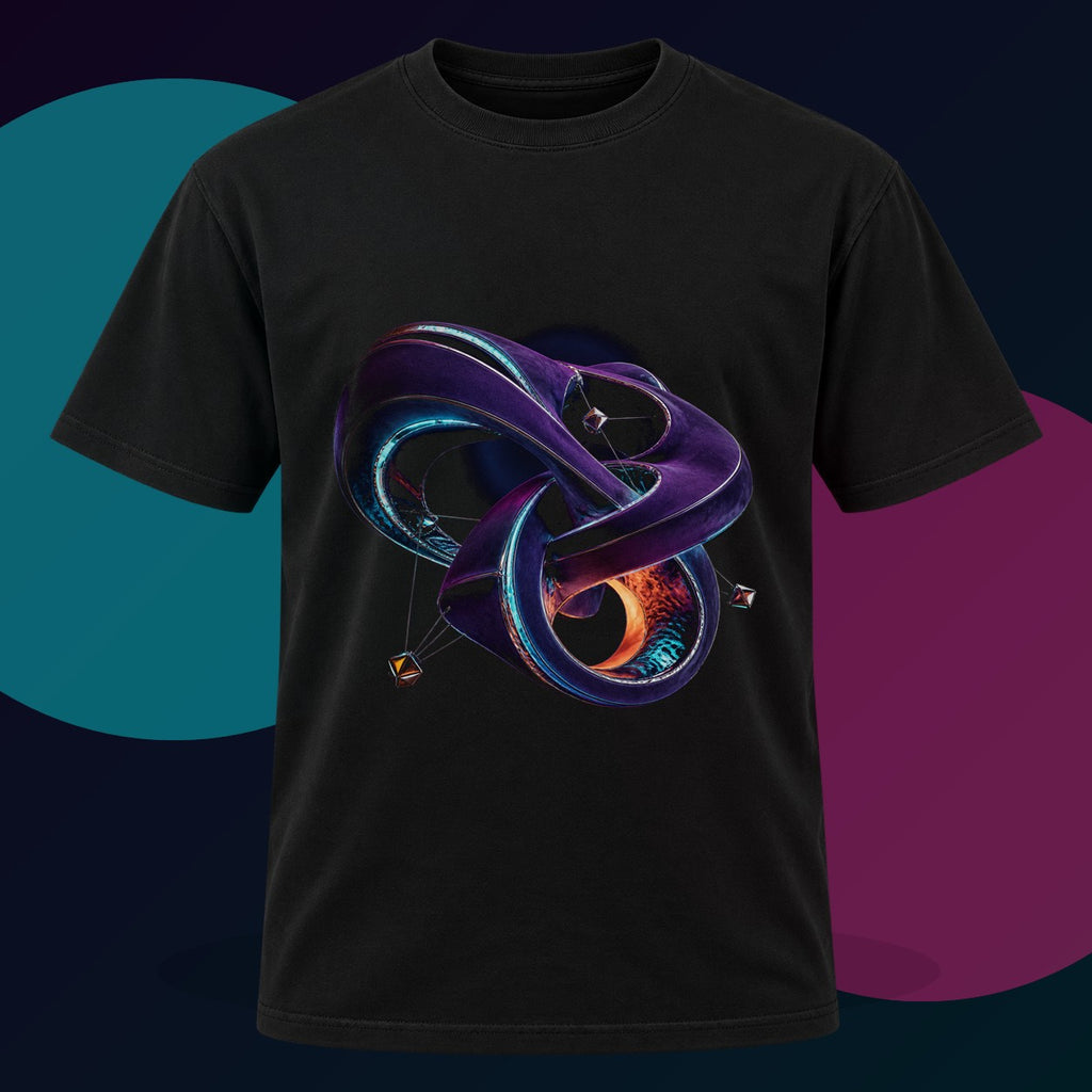 Velvet Causality original KOSVYRE design on a black graphic tee with cyan and violet studio lighting