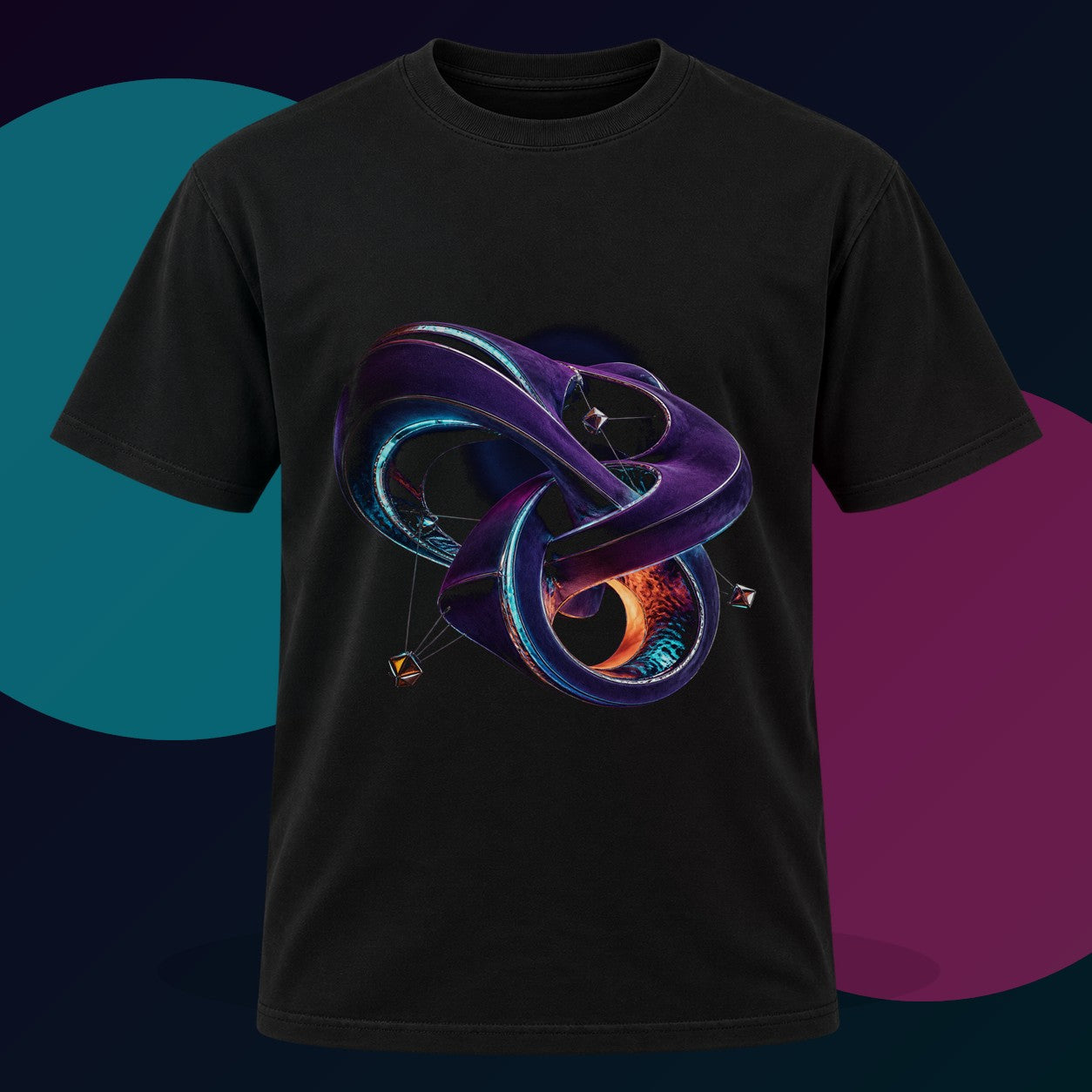 Velvet Causality original KOSVYRE design on a black graphic tee with cyan and violet studio lighting